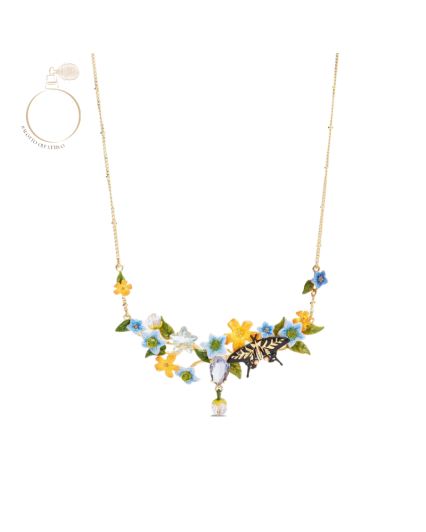 Collana farfalla, fiori di gelsomino e vetro sfaccettato